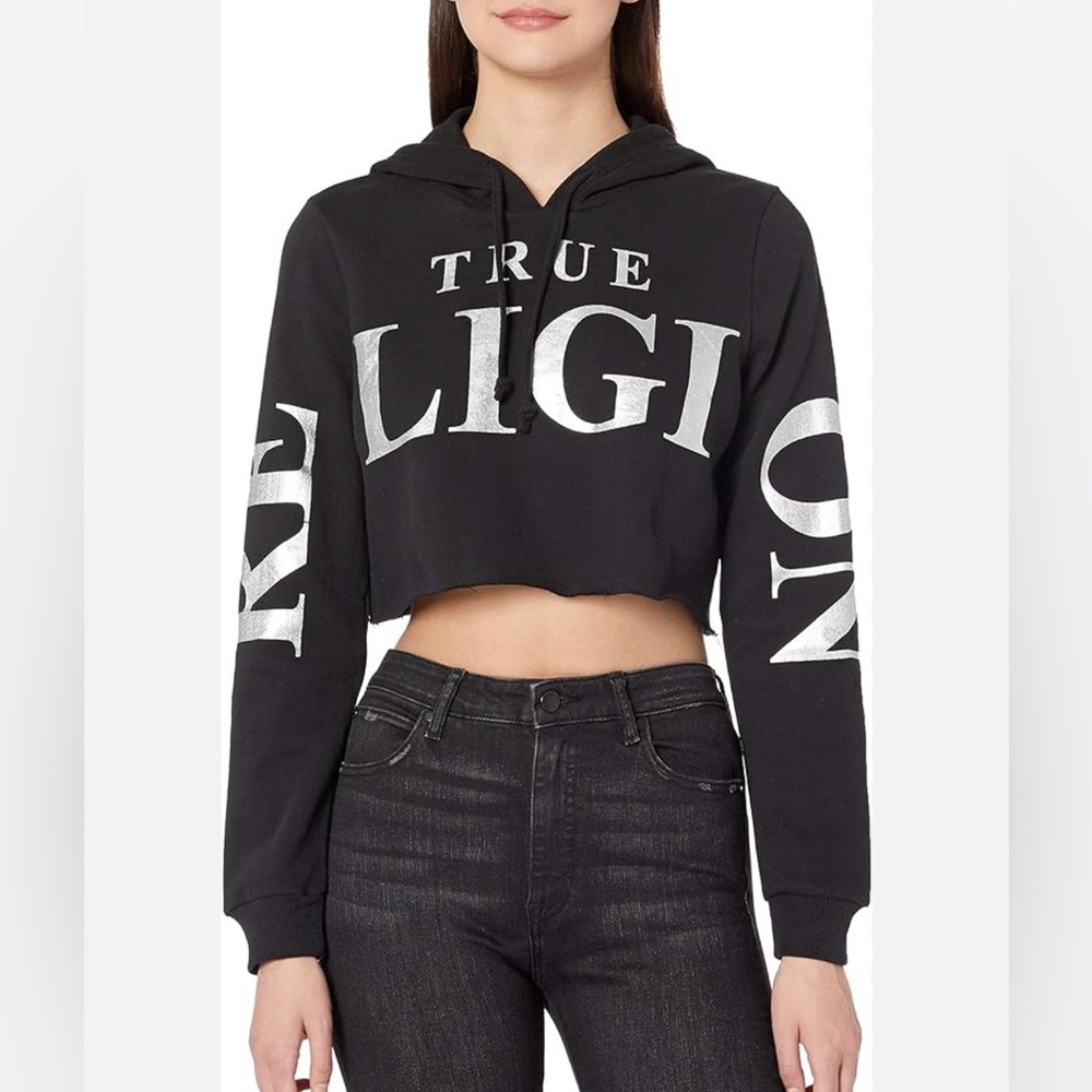 NEW True Religion Women's Long Sleeve Pullover Crop Hoodie Sweatshirt - Large - Picture 2 of 3